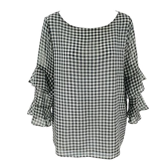 Calvin Klein Black White Gingham Check Chiffon Flare Ruffle Career Blouse Top S - Picture 2 of 10
